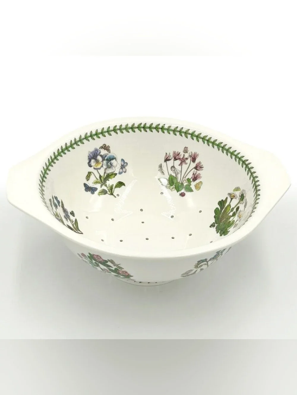 Portmeirion White Ceramic Colander with Green Leaf Border and Floral Motifs, EUC